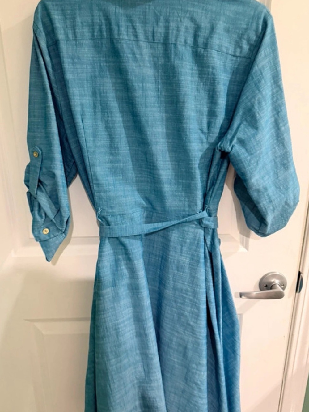Sharagano Teal-Blue Midi Shirt Dress with Tie Waist - Picture 3 of 3